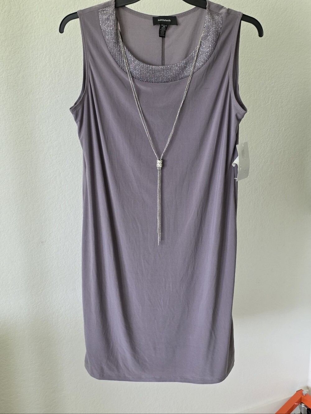 R&M Richards Gray Rhinestone Necklace Sleeveless Shift Dress Size 14 Cocktail